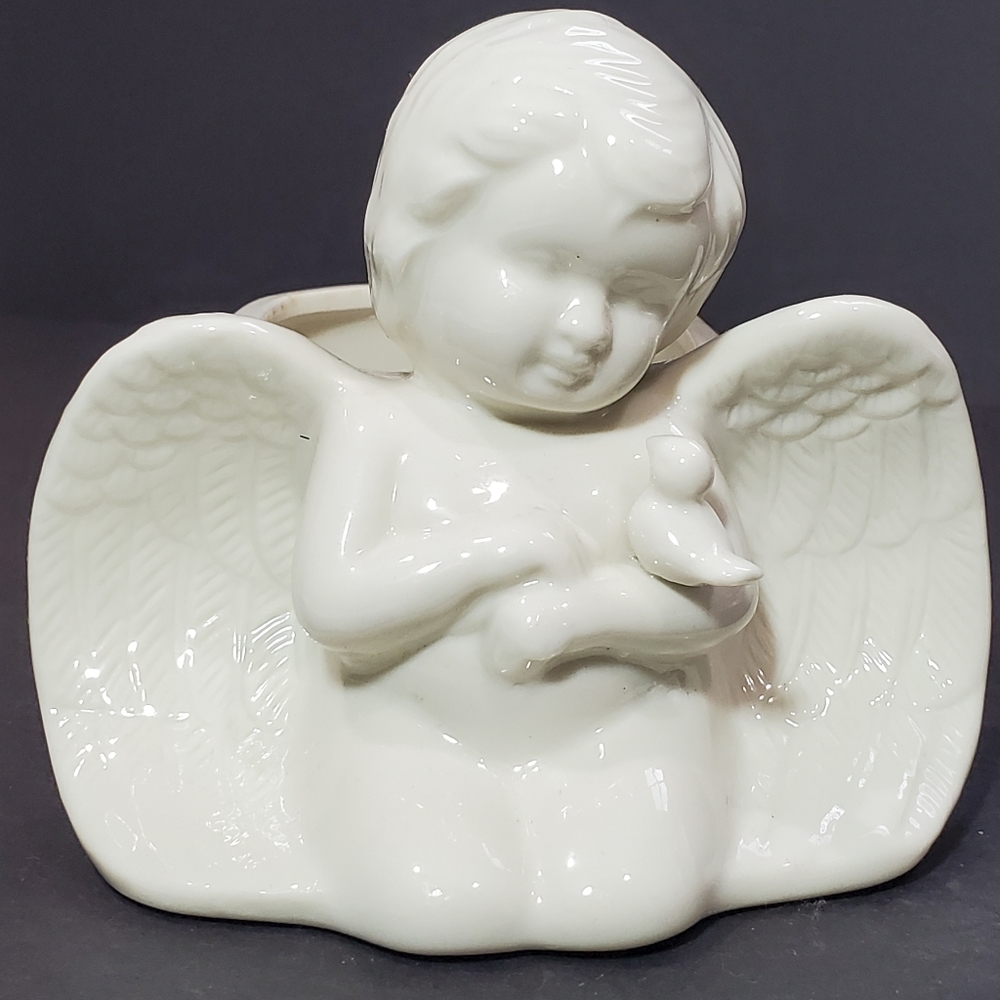 Landy White Ceramic Angel Cherub Holding Bird Planter Vase Home Decor Holiday